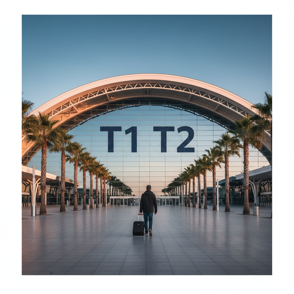 Viajero con maleta caminando hacia las terminales T1 y T2 del Aeropuerto de Barajas